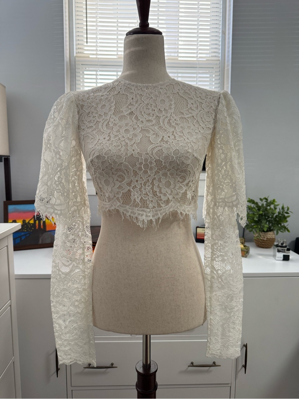 RASARIO White Lace Bridal Crop Top Bell Sleeves FR 36